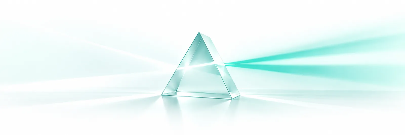 A glass prism refracting light into soft teal beams